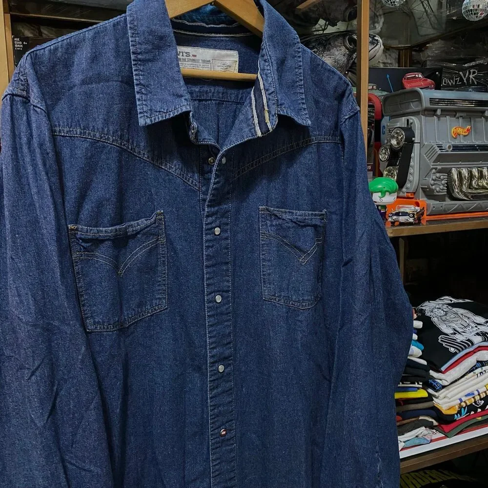 Levi's Denim Western Pearl Snap Shirt Mens X-Large Blue Workwear XL Red Snap